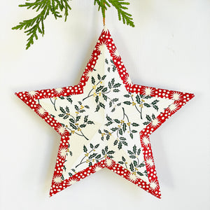 Hanging star in green holly/red stars