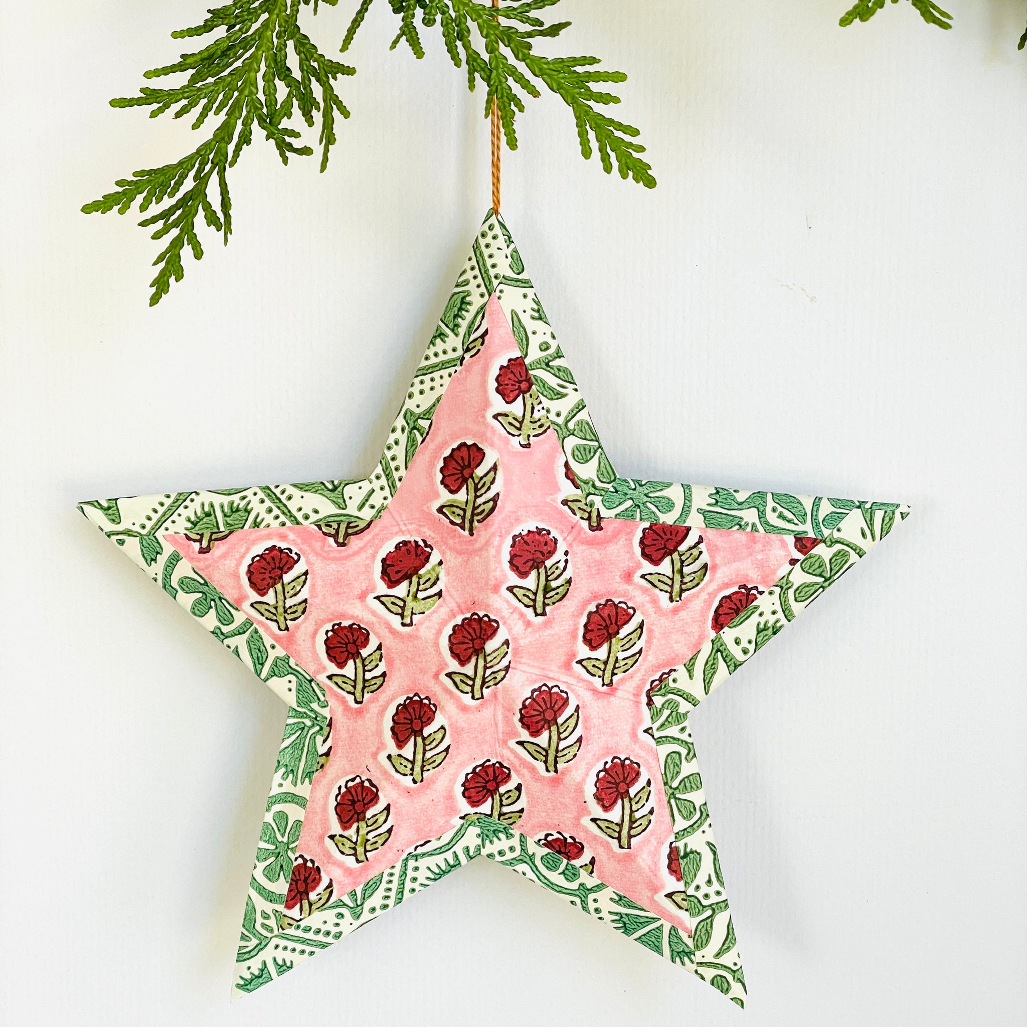 Hanging star in pink block print/green french