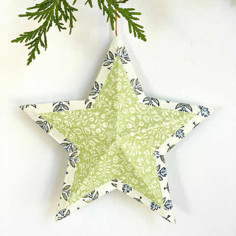 Hanging star in light green floral/blue block print