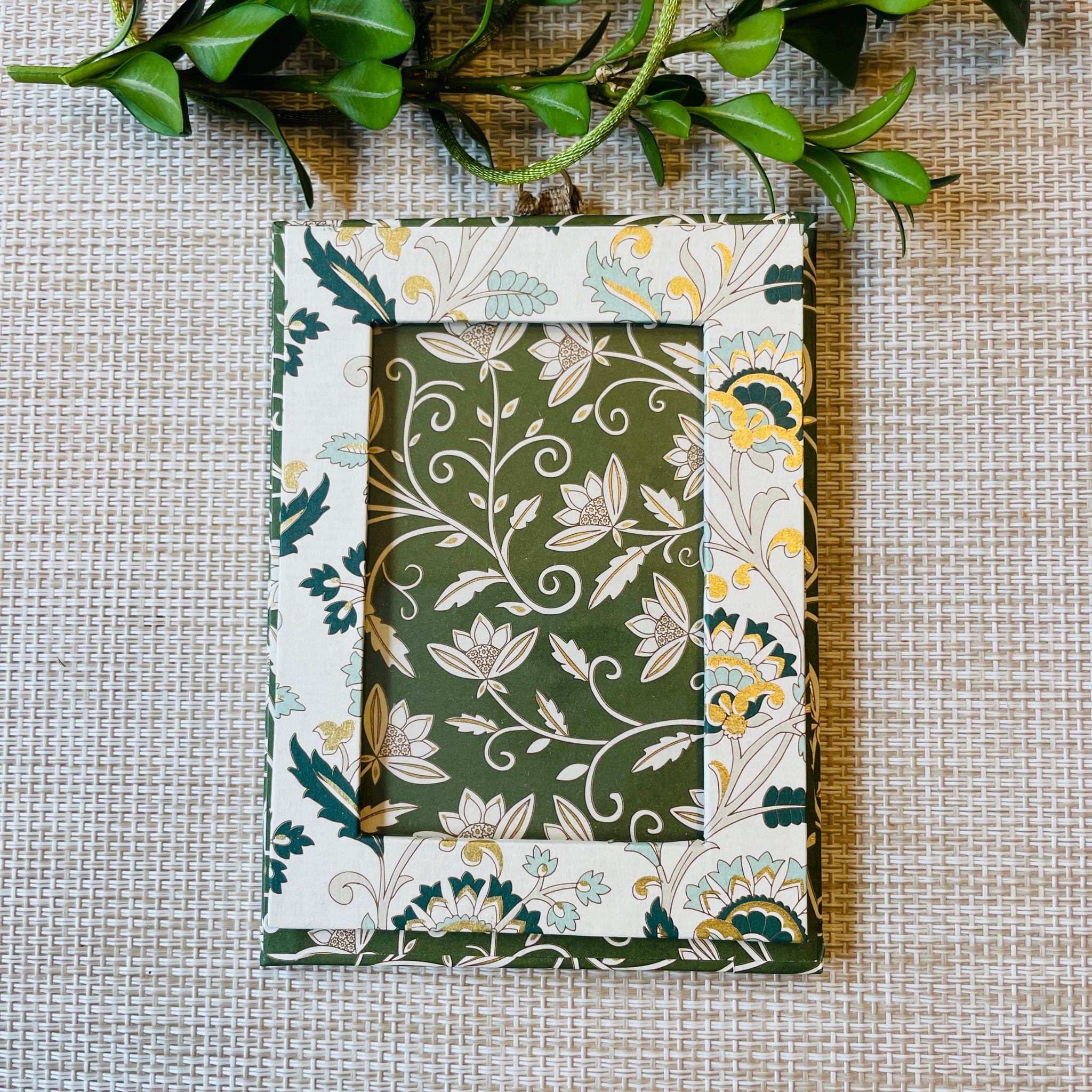 Petite hanging photo frame in dark green floral vine/green and gold floral