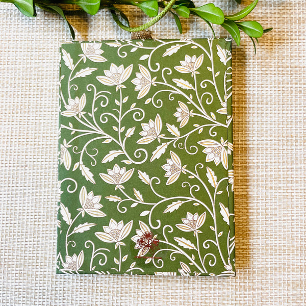 Petite hanging photo frame in dark green floral vine/green and gold floral