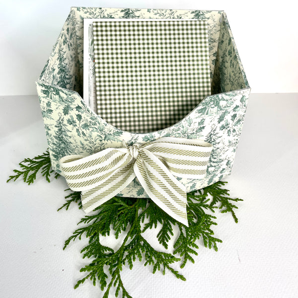 Bow front holiday card holder in green forest pattern