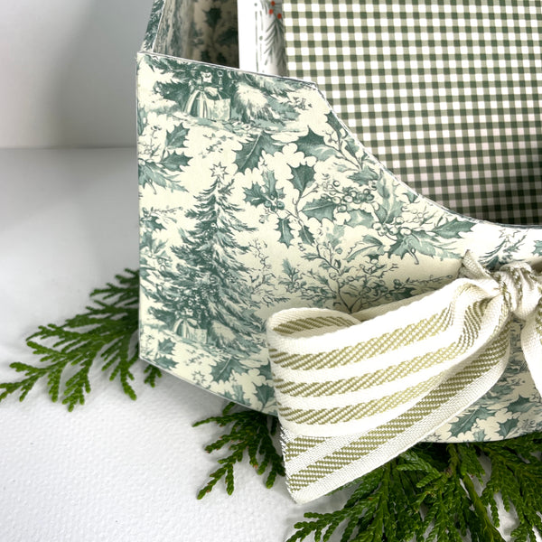 Bow front holiday card holder in green forest pattern