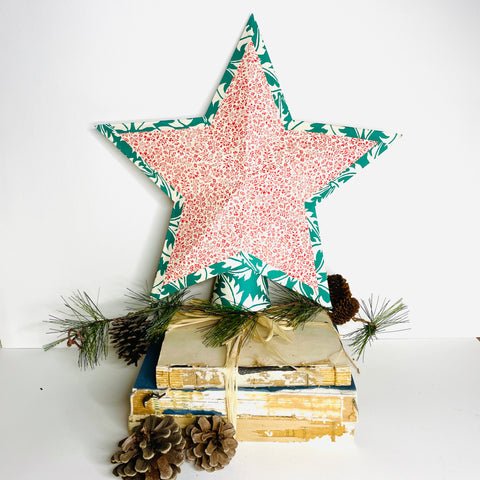 Holiday Treetop Star in petite red floral/green white trim